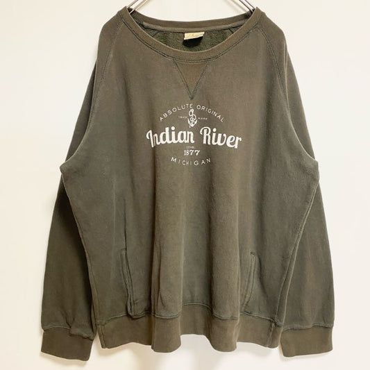 古着 used　長袖プリントスウェット　クルーネックトレーナー　Vガゼット　Indian River　ミシガン州　緑　レトロ
