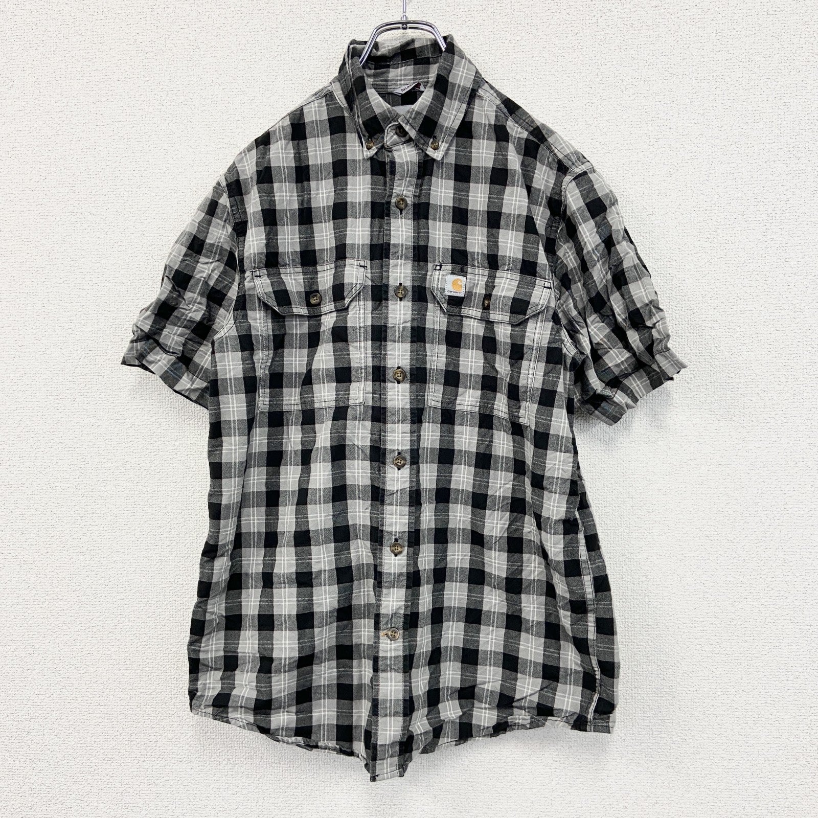 Carhartt　カーハート　半袖ボタンダウンシャツ　ダブルポケット　チェック柄　黒　ブラック　Sサイズ
