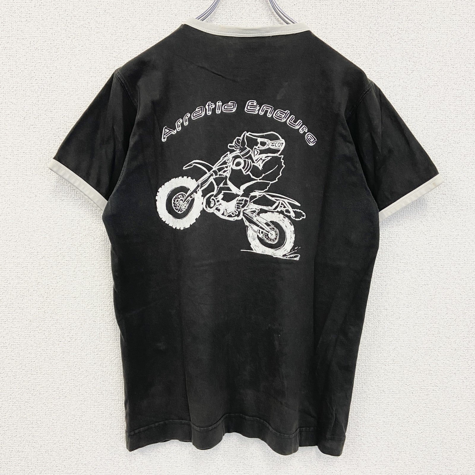 古着 used　JERZEES ジャージーズ　半袖リンガーTシャツ　バックプリント　バイク　黒　ブラック　Mサイズ