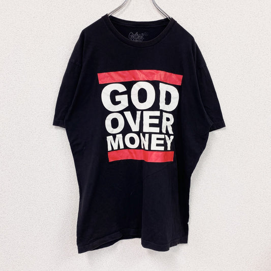 GOD OVER MONEY　RUN DMC 半袖パロディプリントTシャツ　レコードレーベル　黒　ブラック　XLサイズ