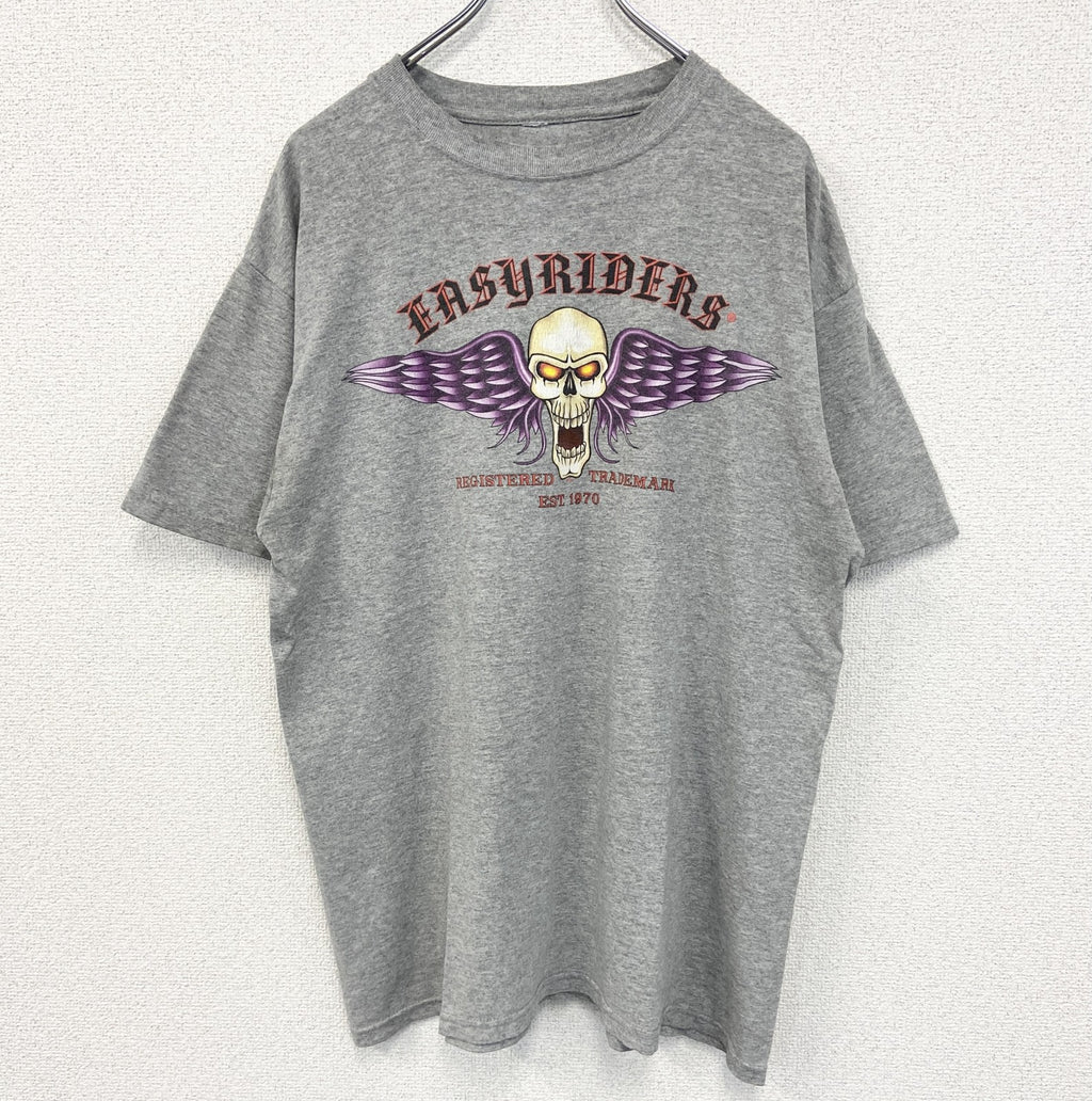 古着 used　ノーブランド　半袖プリントTシャツ　Easyriders　レトロ　スカルデザイン　バイク　グレー　Mサイズ