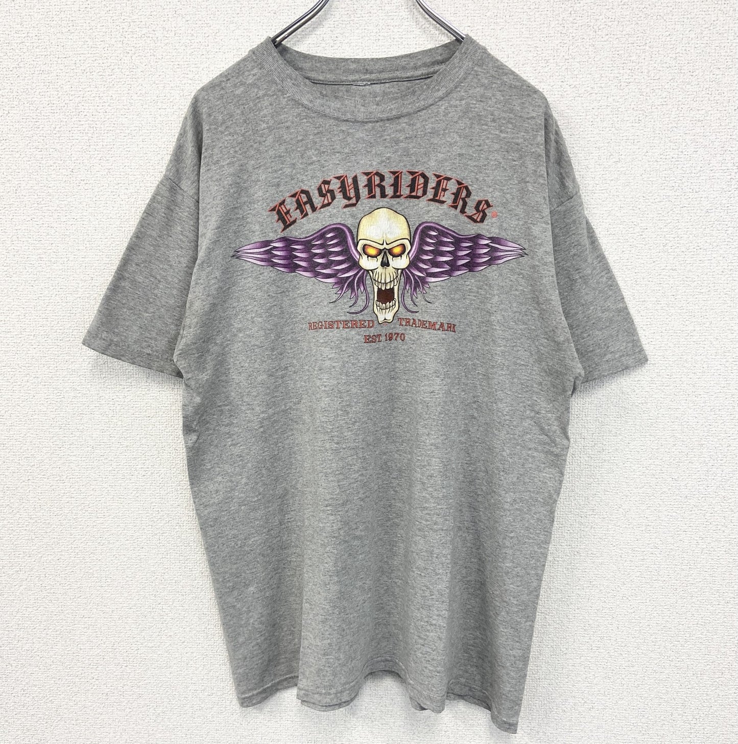 古着 used　ノーブランド　半袖プリントTシャツ　Easyriders　レトロ　スカルデザイン　バイク　グレー　Mサイズ
