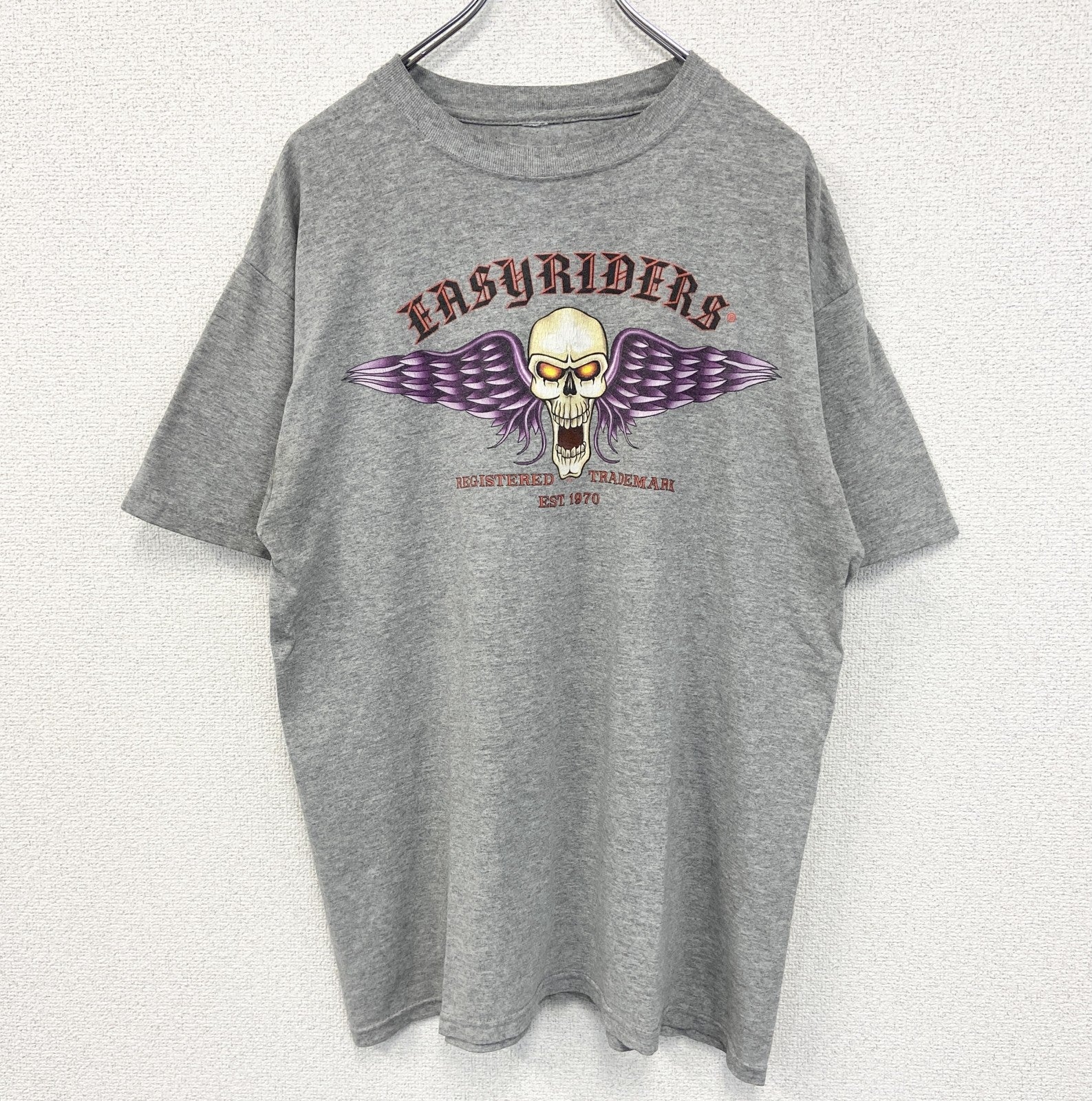 古着 used　ノーブランド　半袖プリントTシャツ　Easyriders　レトロ　スカルデザイン　バイク　グレー　Mサイズ
