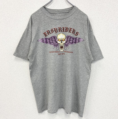古着 used　ノーブランド　半袖プリントTシャツ　Easyriders　レトロ　スカルデザイン　バイク　グレー　Mサイズ
