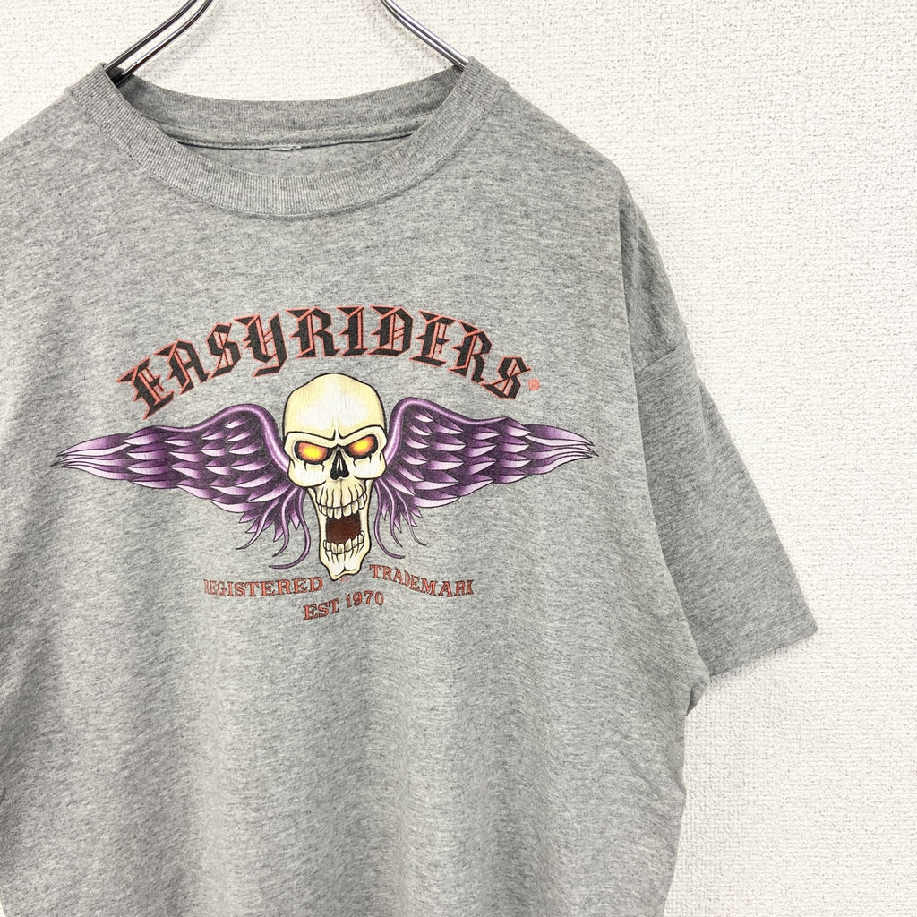 古着 used　ノーブランド　半袖プリントTシャツ　Easyriders　レトロ　スカルデザイン　バイク　グレー　Mサイズ