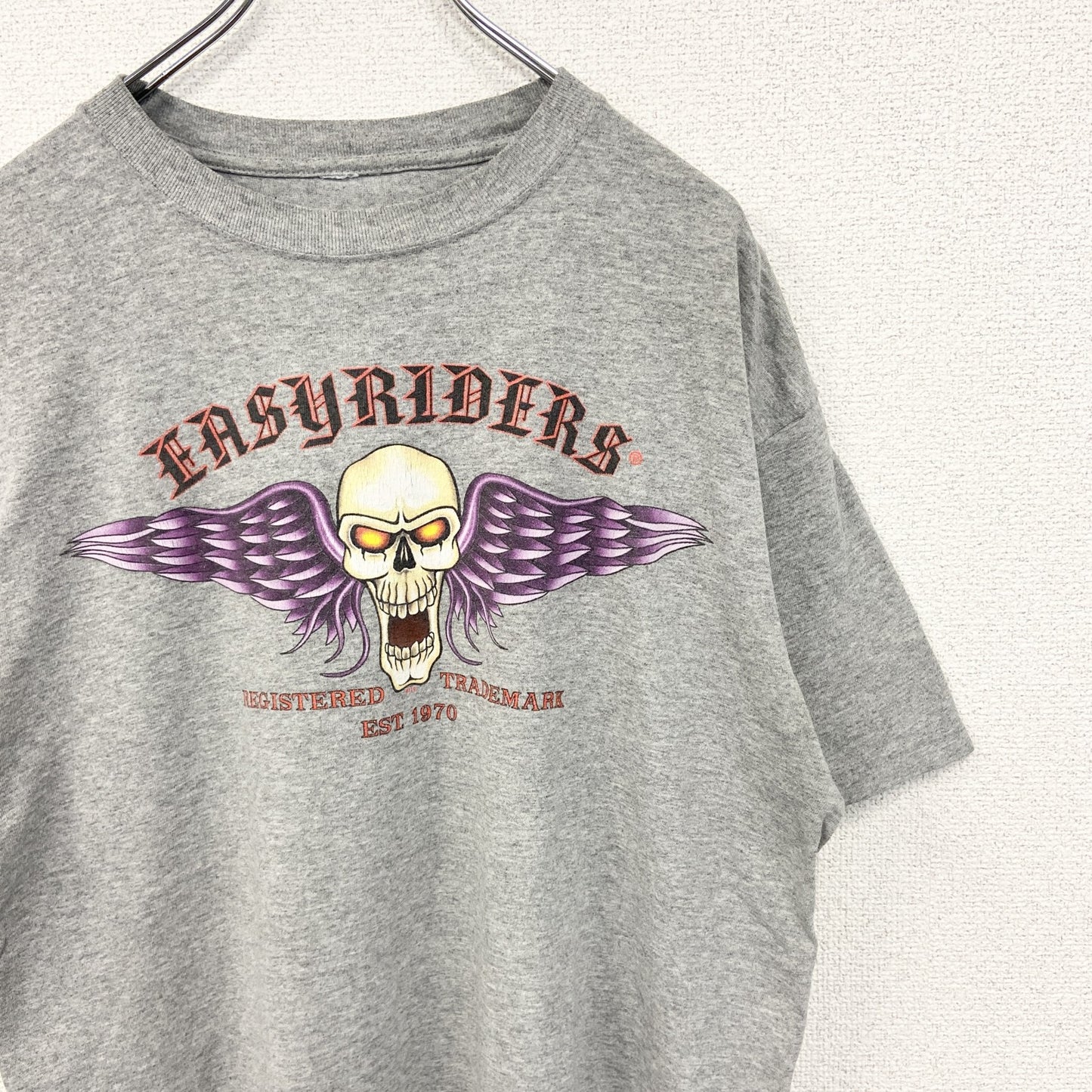古着 used　ノーブランド　半袖プリントTシャツ　Easyriders　レトロ　スカルデザイン　バイク　グレー　Mサイズ