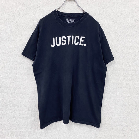 Spencer's　スペンサーズ　半袖プリントホラーTシャツ　JUSTICE　英字プリント　黒　ブラック　Lサイズ