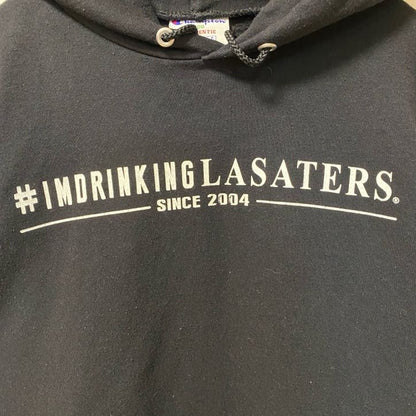 古着 used　Champion　チャンピオン　長袖ロゴデザインパーカー　バックプリント　コーヒー　LASATERS　黒　ブラック