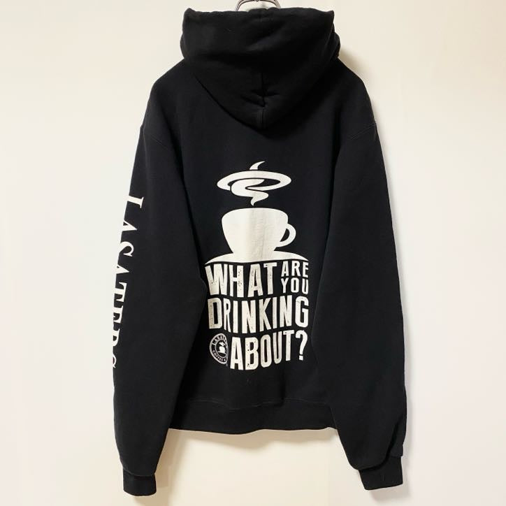 古着 used　Champion　チャンピオン　長袖ロゴデザインパーカー　バックプリント　コーヒー　LASATERS　黒　ブラック