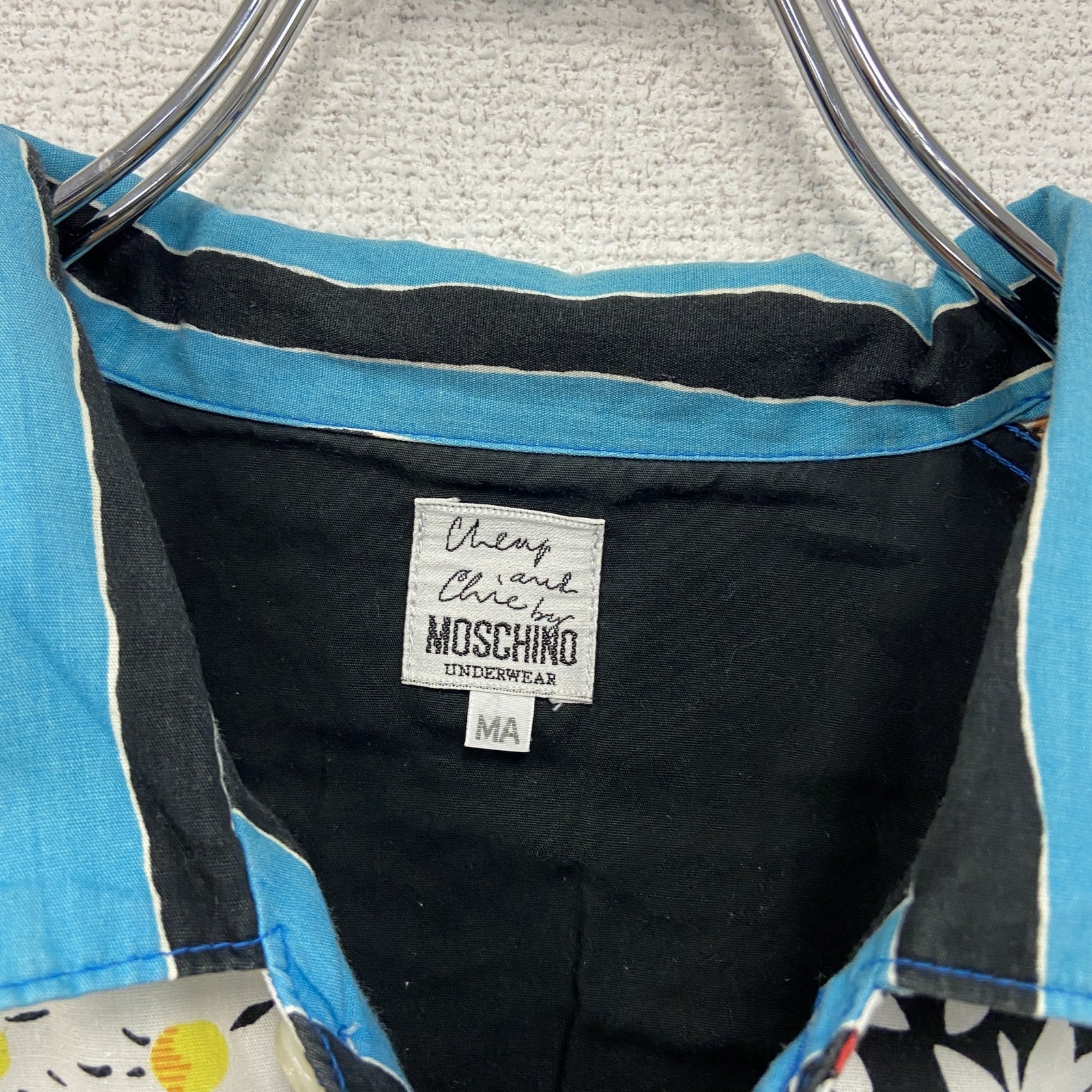 90s　MOSCHINO　モスキーノ　総柄ボックスシャツ　グランパシャツ　ヴィンテージ　クレイジーパターン　ストライプ　マルチカラー　MAサイズ