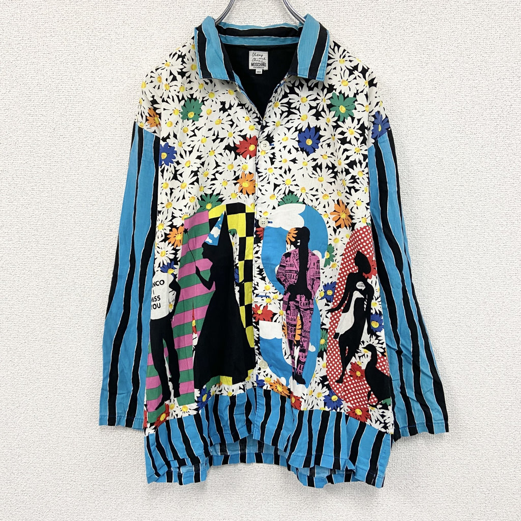 90s　MOSCHINO　モスキーノ　総柄ボックスシャツ　グランパシャツ　ヴィンテージ　クレイジーパターン　ストライプ　マルチカラー　MAサイズ