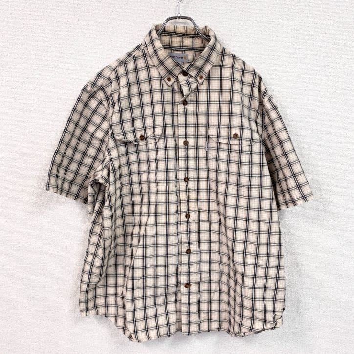 Carhartt　カーハート　半袖ボタンダウンシャツ　ダブルポケット　ギンガムチェック　ベージュ　XLサイズ