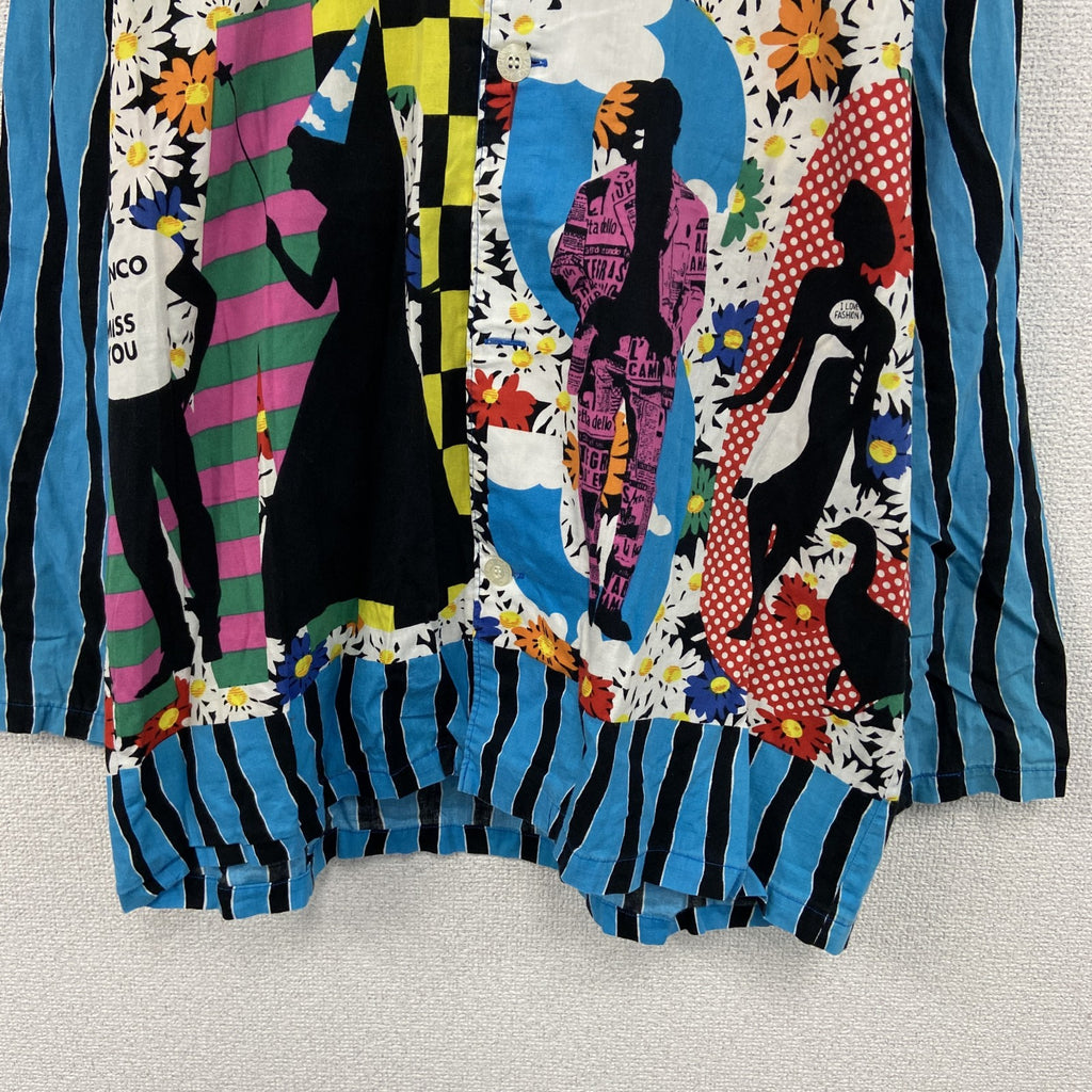 90s　MOSCHINO　モスキーノ　総柄ボックスシャツ　グランパシャツ　ヴィンテージ　クレイジーパターン　ストライプ　マルチカラー　MAサイズ