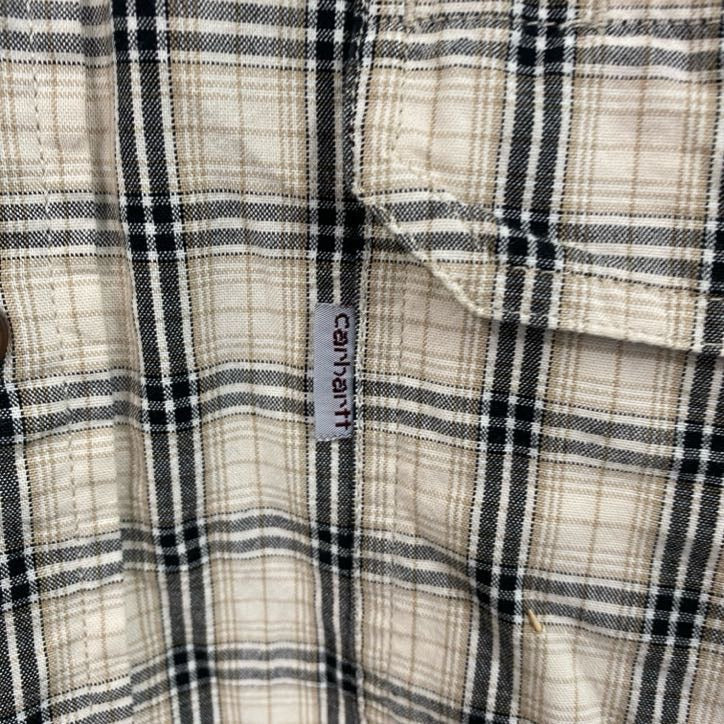Carhartt　カーハート　半袖ボタンダウンシャツ　ダブルポケット　ギンガムチェック　ベージュ　XLサイズ