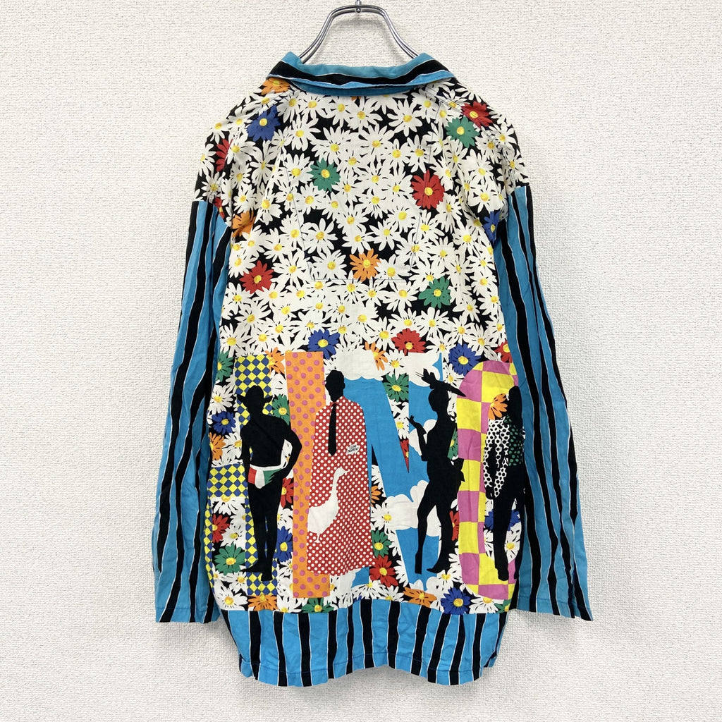 90s　MOSCHINO　モスキーノ　総柄ボックスシャツ　グランパシャツ　ヴィンテージ　クレイジーパターン　ストライプ　マルチカラー　MAサイズ