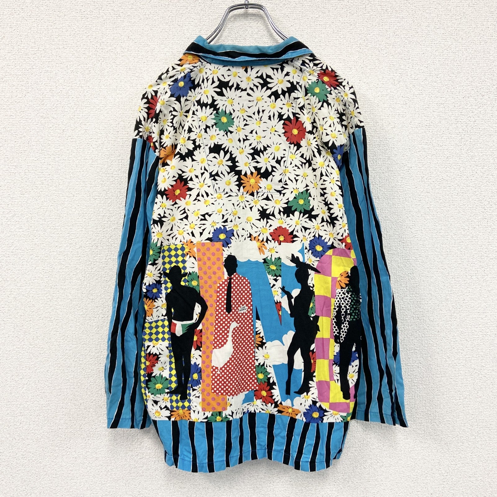 90s　MOSCHINO　モスキーノ　総柄ボックスシャツ　グランパシャツ　ヴィンテージ　クレイジーパターン　ストライプ　マルチカラー　MAサイズ