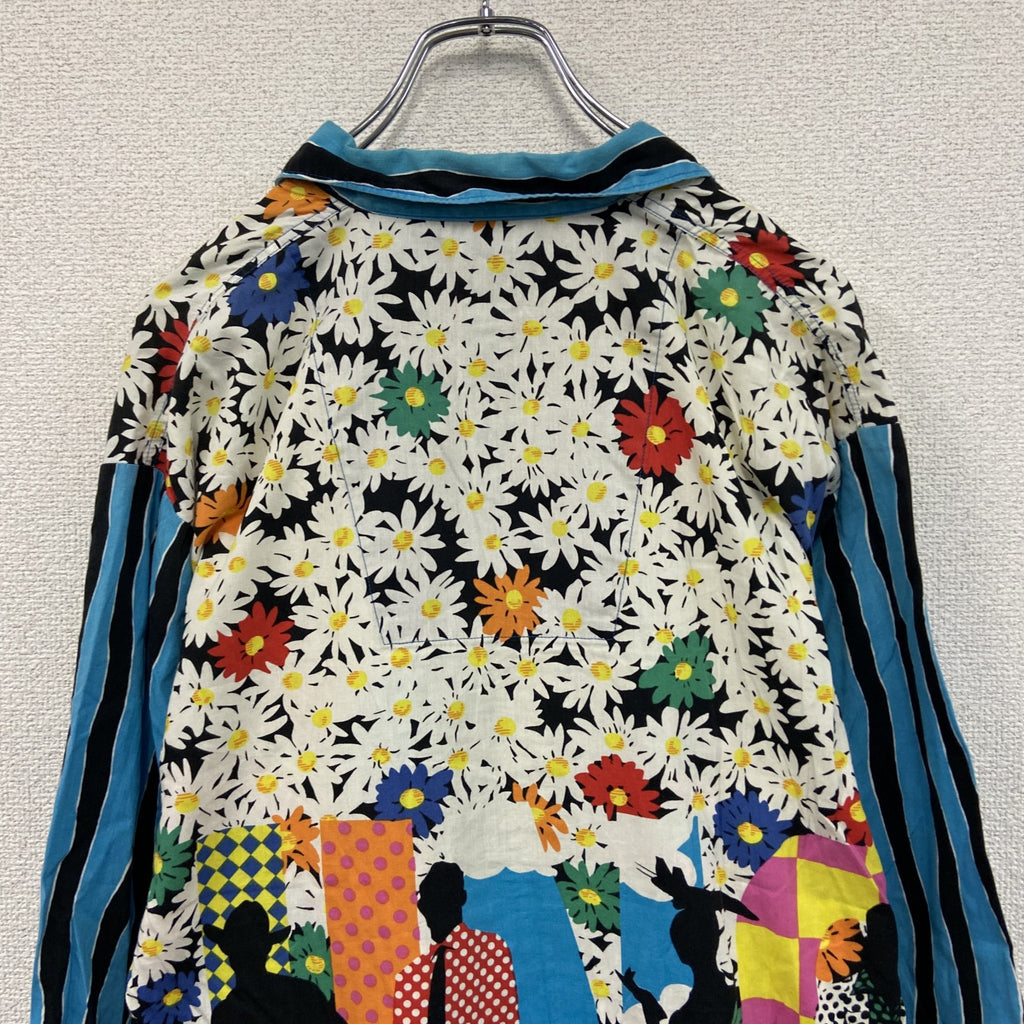 90s　MOSCHINO　モスキーノ　総柄ボックスシャツ　グランパシャツ　ヴィンテージ　クレイジーパターン　ストライプ　マルチカラー　MAサイズ
