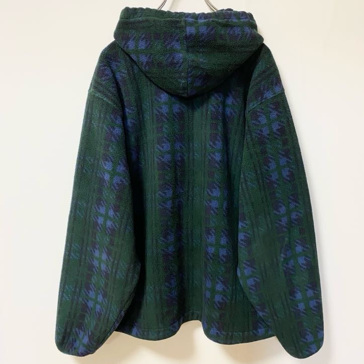 古着 used　90s　L.L.Bean　エルエルビーン　長袖チェック柄フリースジャケット　総柄パーカー　緑　ヴィンテージ