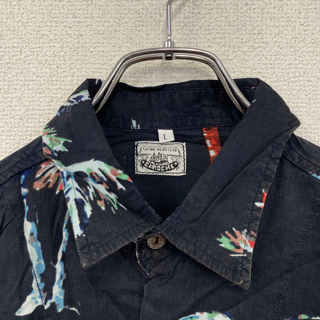 CARDCHE　長袖デザインシャツ　アロハシャツ　ヤシの木　マルチカラー　総柄　紺　ネイビー　Lサイズ