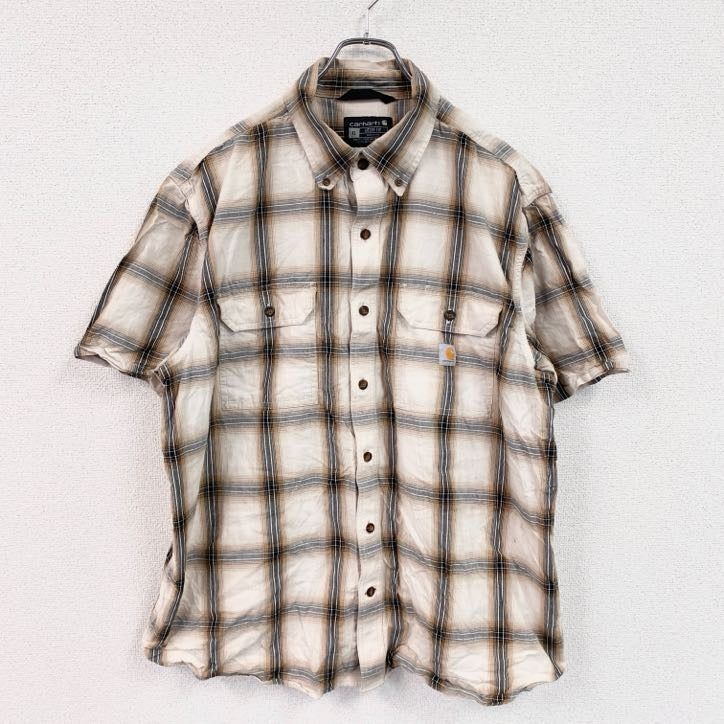 Carhartt　カーハート　半袖ボタンダウンシャツ　ボックスシャツ　ダブルポケット　チェック柄　アイボリー　XLサイズ