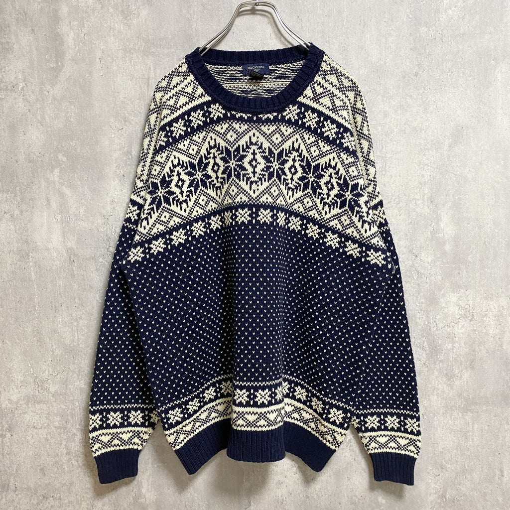 ～90s　DOCKERS　ドッカーズ　フェアアイル柄コットンニットセーター　ヴィンテージ　ネイビー　XLサイズ