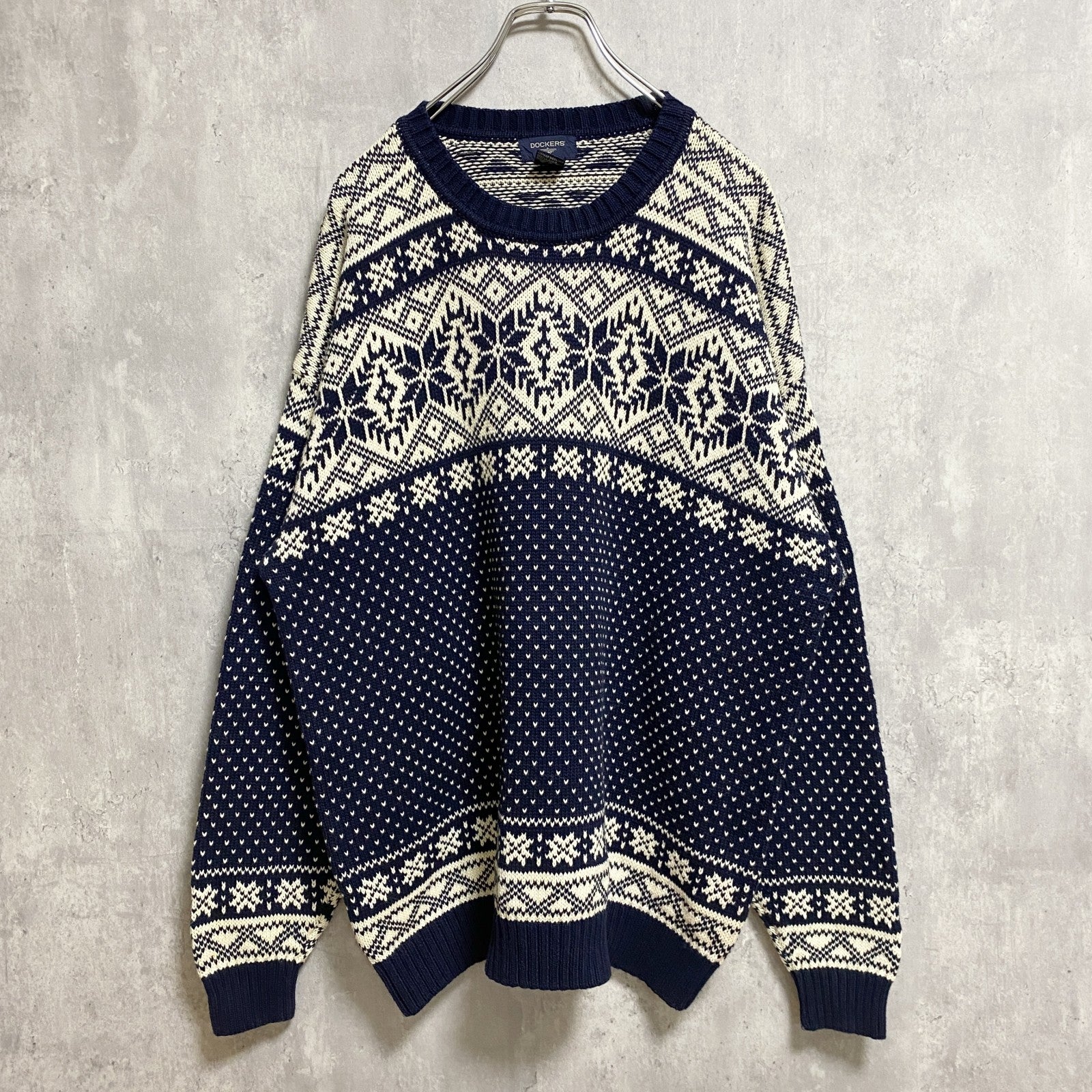 ～90s　DOCKERS　ドッカーズ　フェアアイル柄コットンニットセーター　ヴィンテージ　ネイビー　XLサイズ