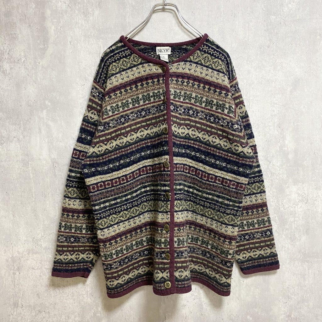 古着 used　～90s　SKYR　長袖総柄フルボタンセーター　ウールニットカーディガン　ノルディック柄　秋冬服　Lサイズ