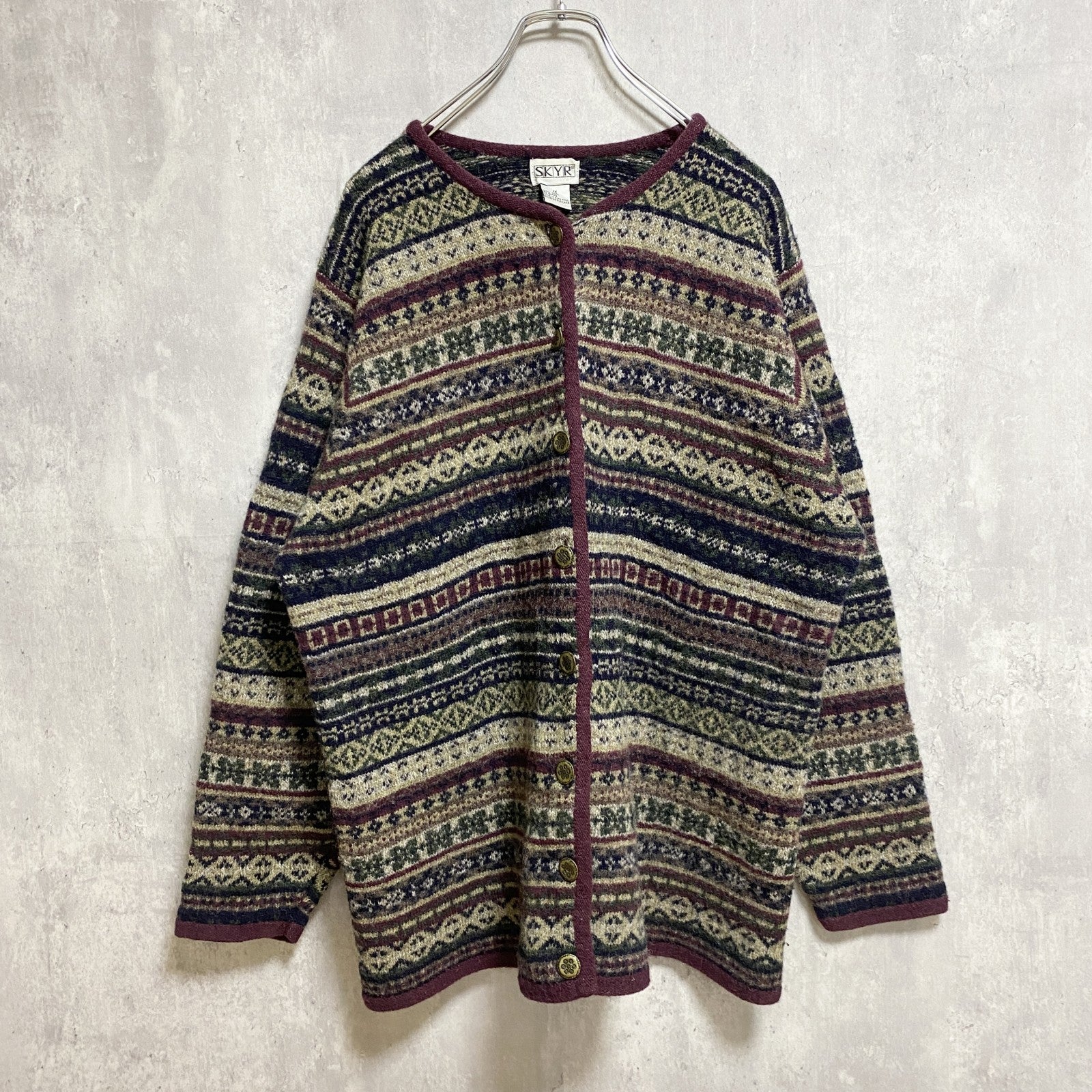 古着 used　～90s　SKYR　長袖総柄フルボタンセーター　ウールニットカーディガン　ノルディック柄　秋冬服　Lサイズ