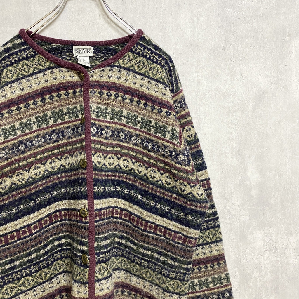 古着 used　～90s　SKYR　長袖総柄フルボタンセーター　ウールニットカーディガン　ノルディック柄　秋冬服　Lサイズ
