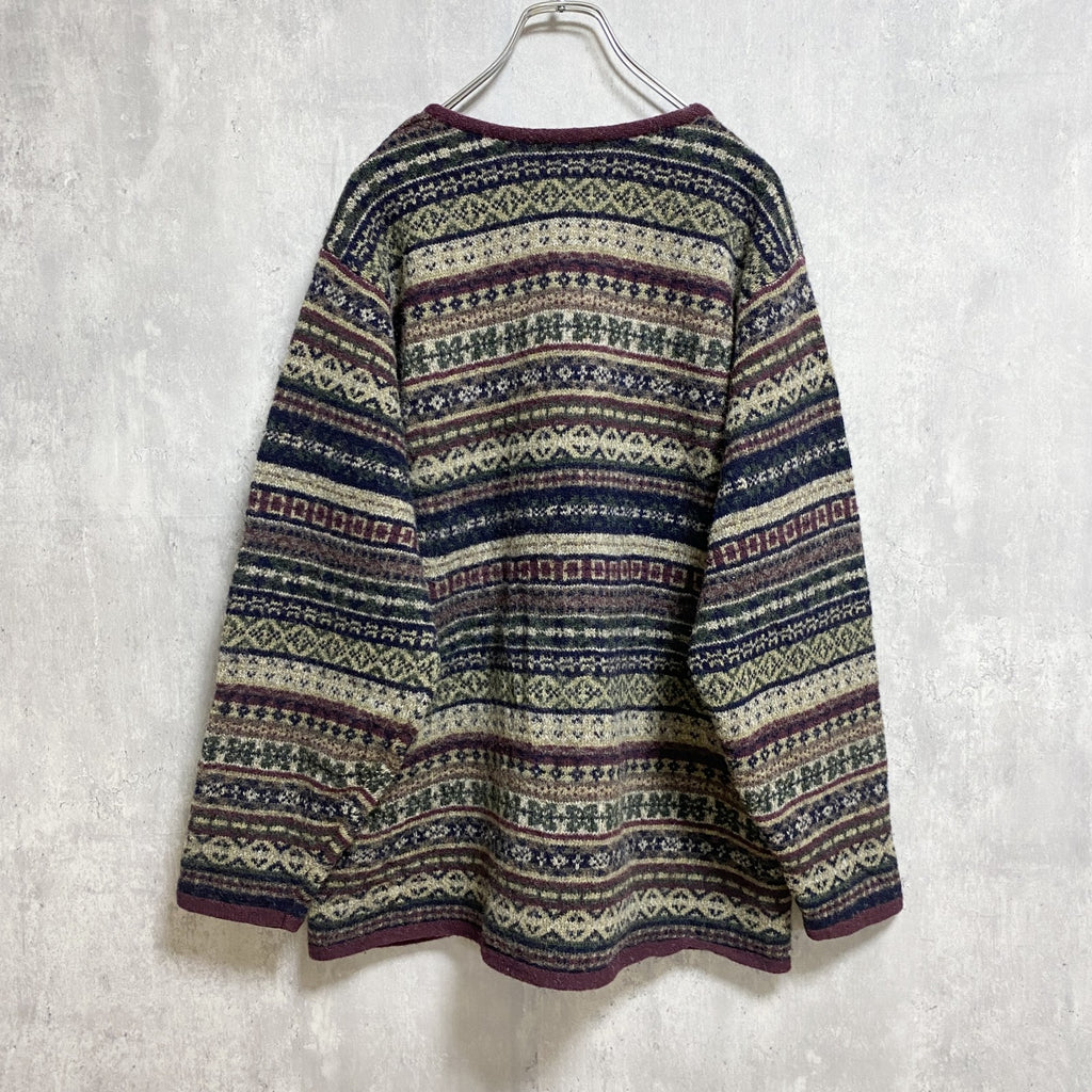 古着 used　～90s　SKYR　長袖総柄フルボタンセーター　ウールニットカーディガン　ノルディック柄　秋冬服　Lサイズ