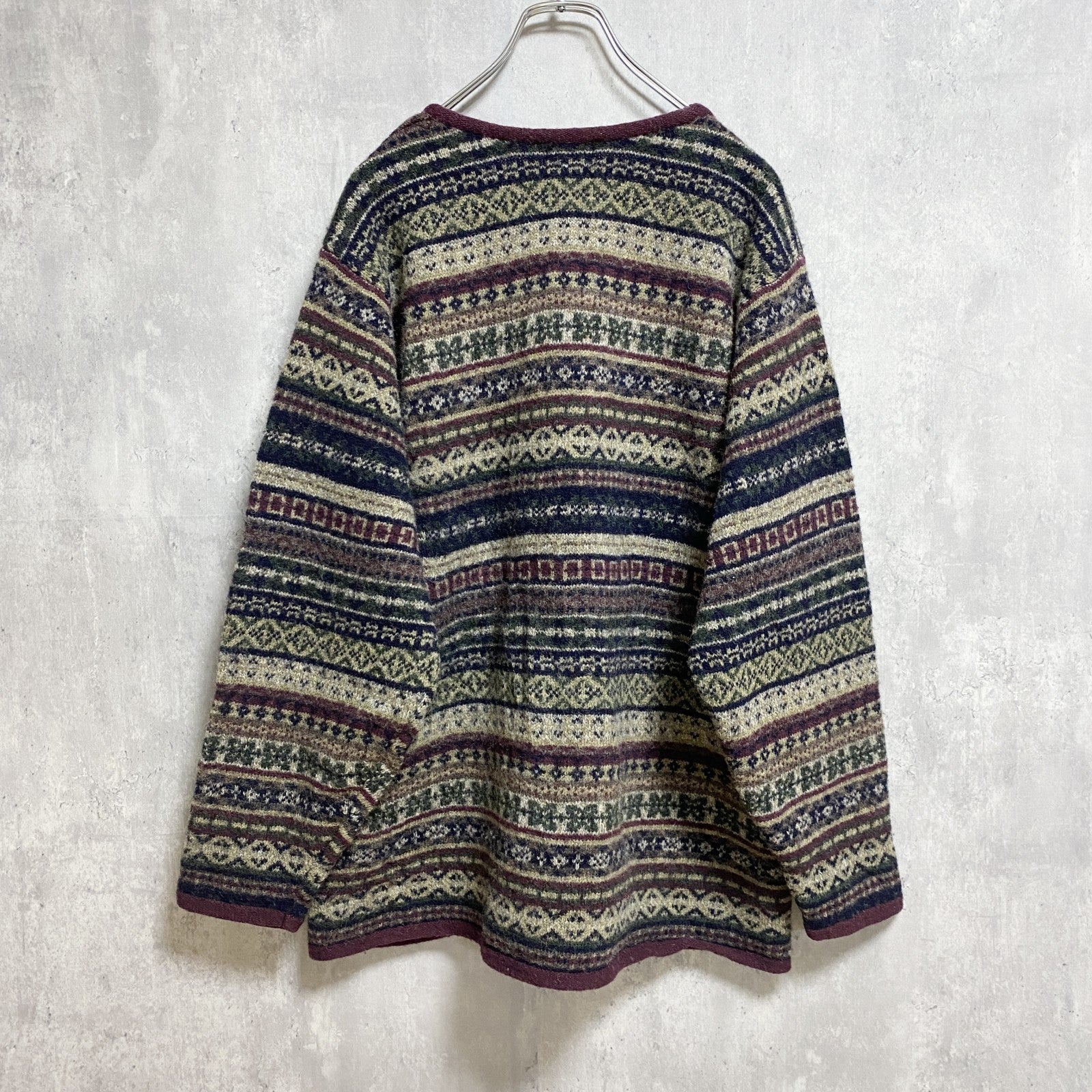 古着 used　～90s　SKYR　長袖総柄フルボタンセーター　ウールニットカーディガン　ノルディック柄　秋冬服　Lサイズ