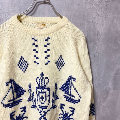 古着　used　Acrylic Fibre　長袖ニット　デザインセーター　マリン柄　海モチーフ　カニ　白　ホワイト　Lサイズ