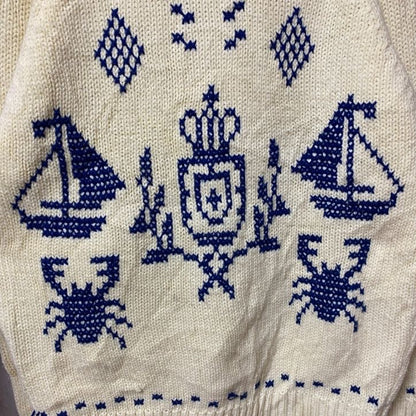 古着　used　Acrylic Fibre　長袖ニット　デザインセーター　マリン柄　海モチーフ　カニ　白　ホワイト　Lサイズ