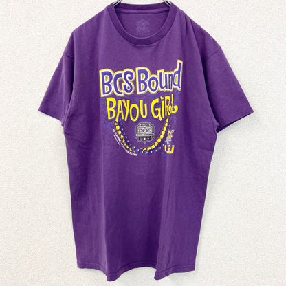 古着 used　半袖プリントTシャツ　BCS　BOUND　BAYOU　GIRL　レトロデザイン　パープル　紫　Lサイズ