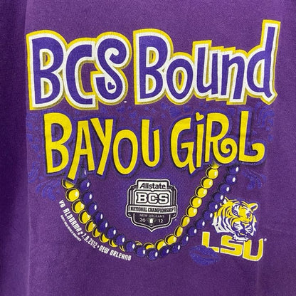 古着 used　半袖プリントTシャツ　BCS　BOUND　BAYOU　GIRL　レトロデザイン　パープル　紫　Lサイズ