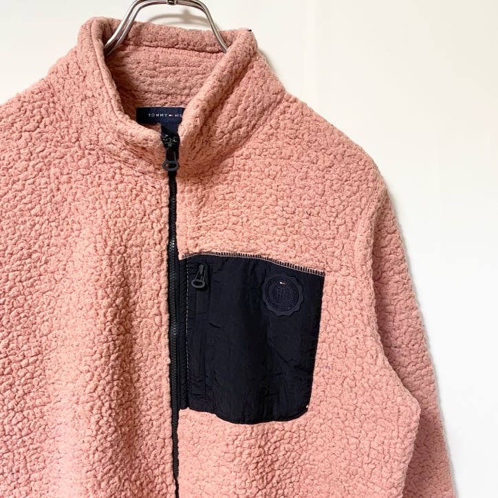 古着 used　TOMMY HILFIGER トミーヒルフィガー　長袖フリースジャケット　ボア　ハイネック　ピンク　Mサイズ
