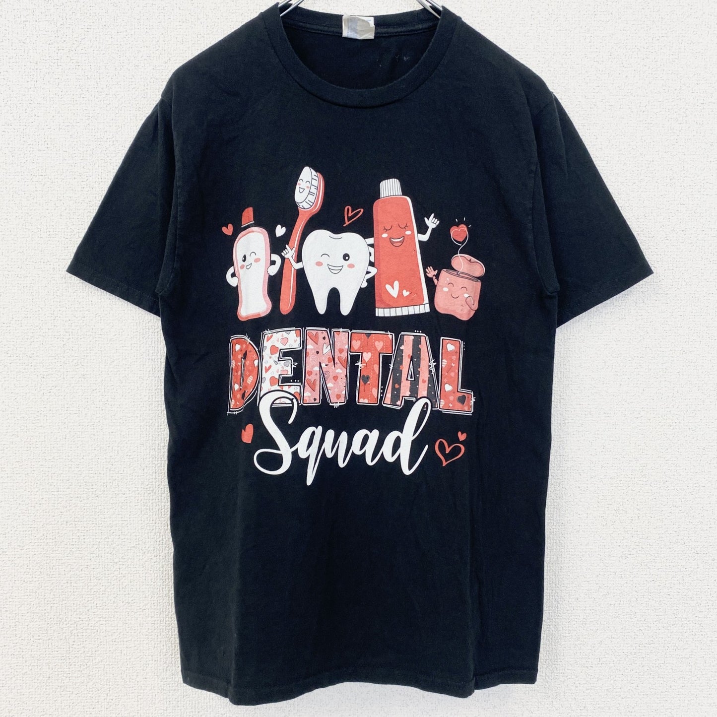 PORT＆COMPANY　半袖プリントロゴTシャツ　3連プリント　ハート　歯磨きセット　英字プリント　黒　ブラック　Sサイズ