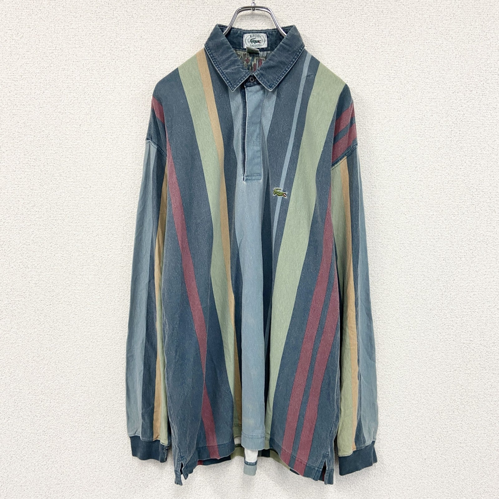 ～80s　IZOD LACOSTE　ラコステ　長袖ポロシャツ　比翼仕立て　ヴィンテージ　総柄　Lサイズ