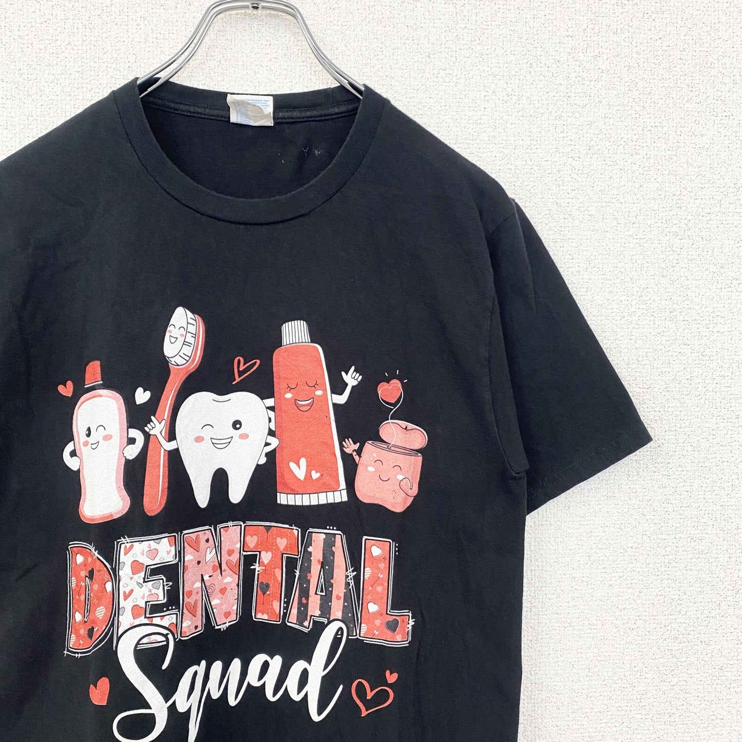 PORT＆COMPANY　半袖プリントロゴTシャツ　3連プリント　ハート　歯磨きセット　英字プリント　黒　ブラック　Sサイズ