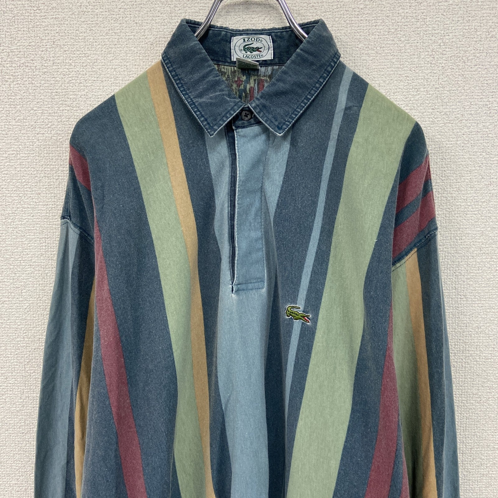 ～80s　IZOD LACOSTE　ラコステ　長袖ポロシャツ　比翼仕立て　ヴィンテージ　総柄　Lサイズ