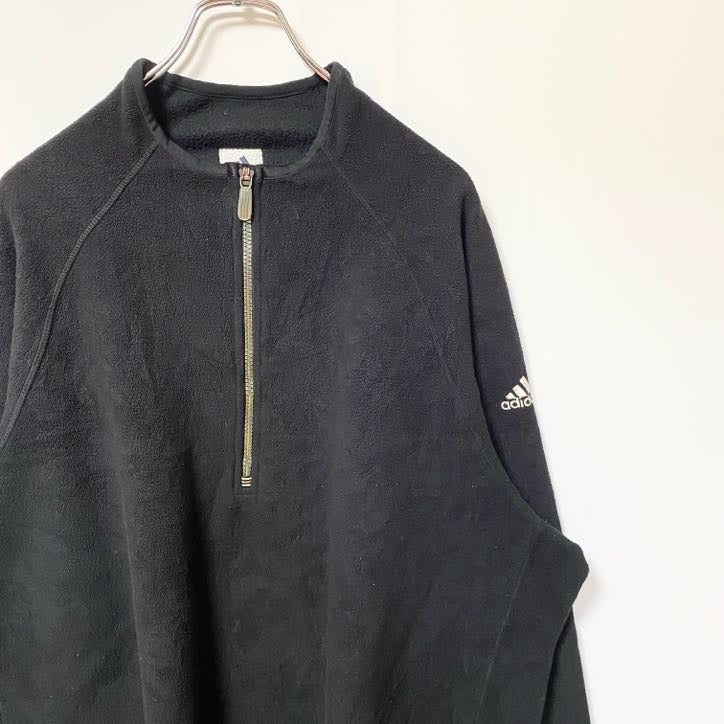 古着 used　adidas アディダス　長袖ハーフジップフリースジャケット　プルオーバー　ワンポイントロゴ刺繍　黒　XXLサイズ