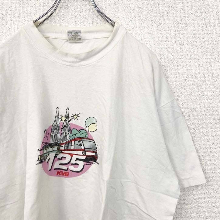 古着 used Hanes　ヘインズ　TOP　T　半袖プリントTシャツ　KVB　125　電車　白　ホワイト　XLサイズ