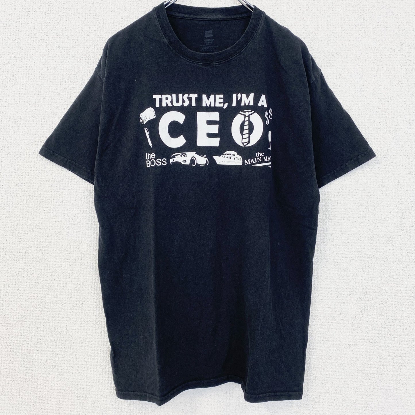 古着 used　ComfortSoft　HANES　半袖プリントTシャツ　クルーネック　レトロデザイン　黒　ブラック　Lサイズ　
