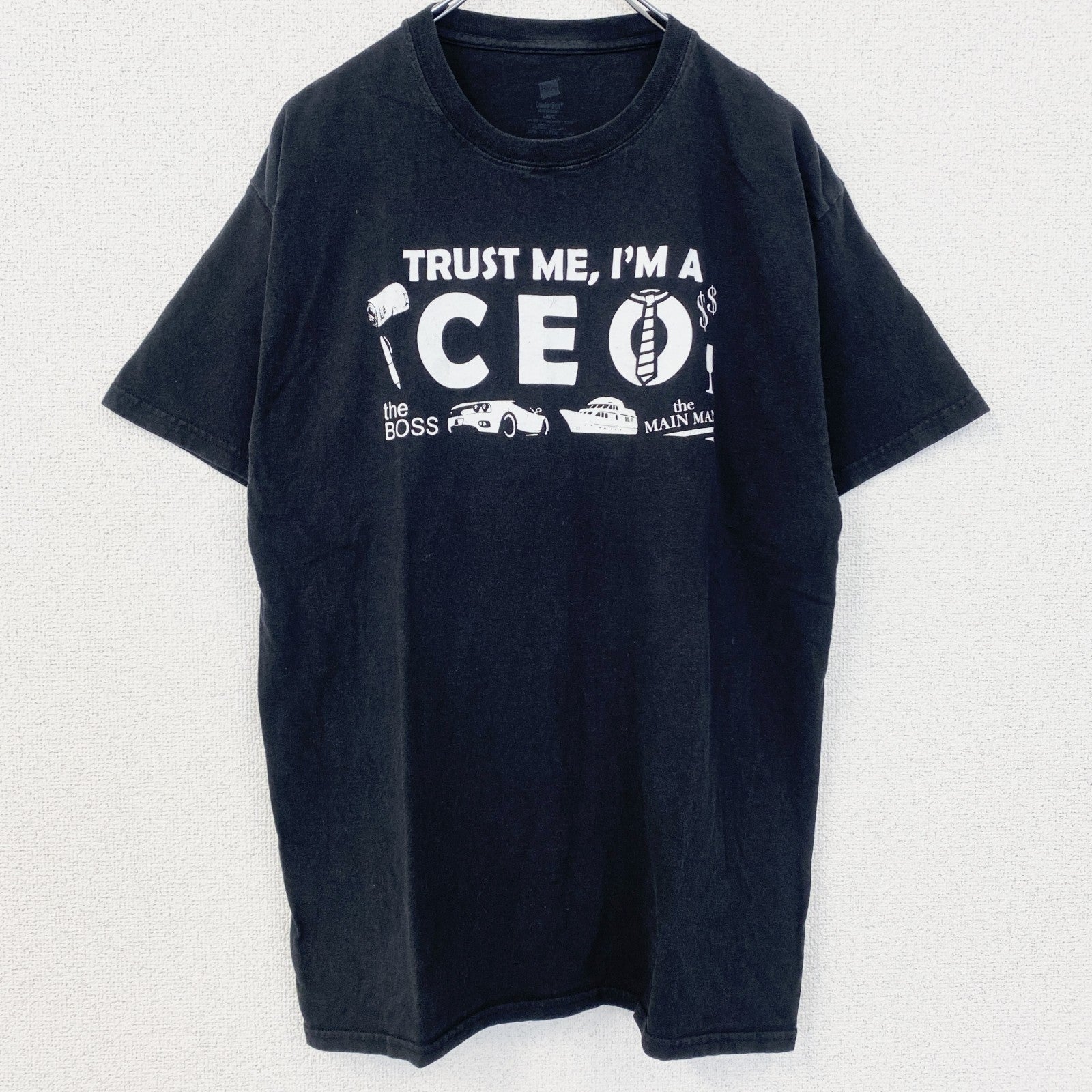 古着 used　ComfortSoft　HANES　半袖プリントTシャツ　クルーネック　レトロデザイン　黒　ブラック　Lサイズ　