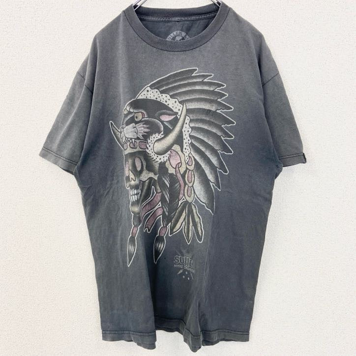 古着 used Sullen Art Collective　半袖Tシャツ　USA製　スカル　ネイティブアメリカン　グレー　L