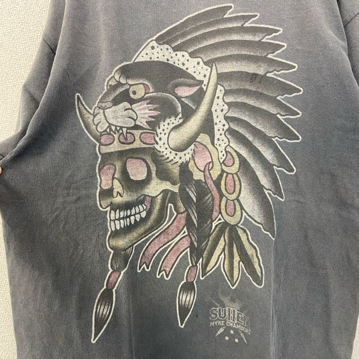 古着 used Sullen Art Collective　半袖Tシャツ　USA製　スカル　ネイティブアメリカン　グレー　L