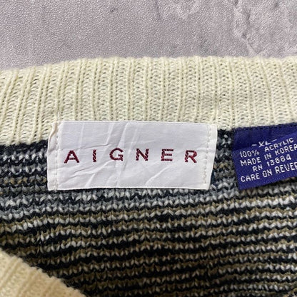 ～90s　AIGNER アイグナー　総柄デザインニット　セーター　幾何学模様　マルチカラー　XLサイズ