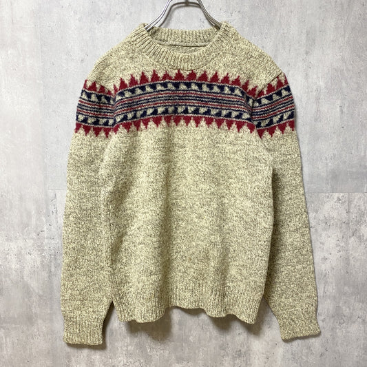 古着　used　長袖デザインニット　厚手セーター　ノルディック柄　クルーネック　レトロデザイン　ベージュ　Sサイズ