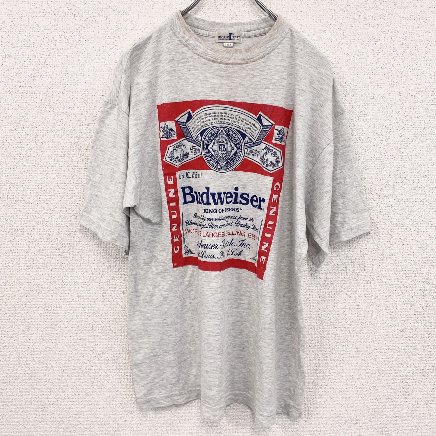 90s　reverse r return　半袖プリントTシャツ　Budweiser.　ヴィンテージ　灰色　グレー　Fサイズ