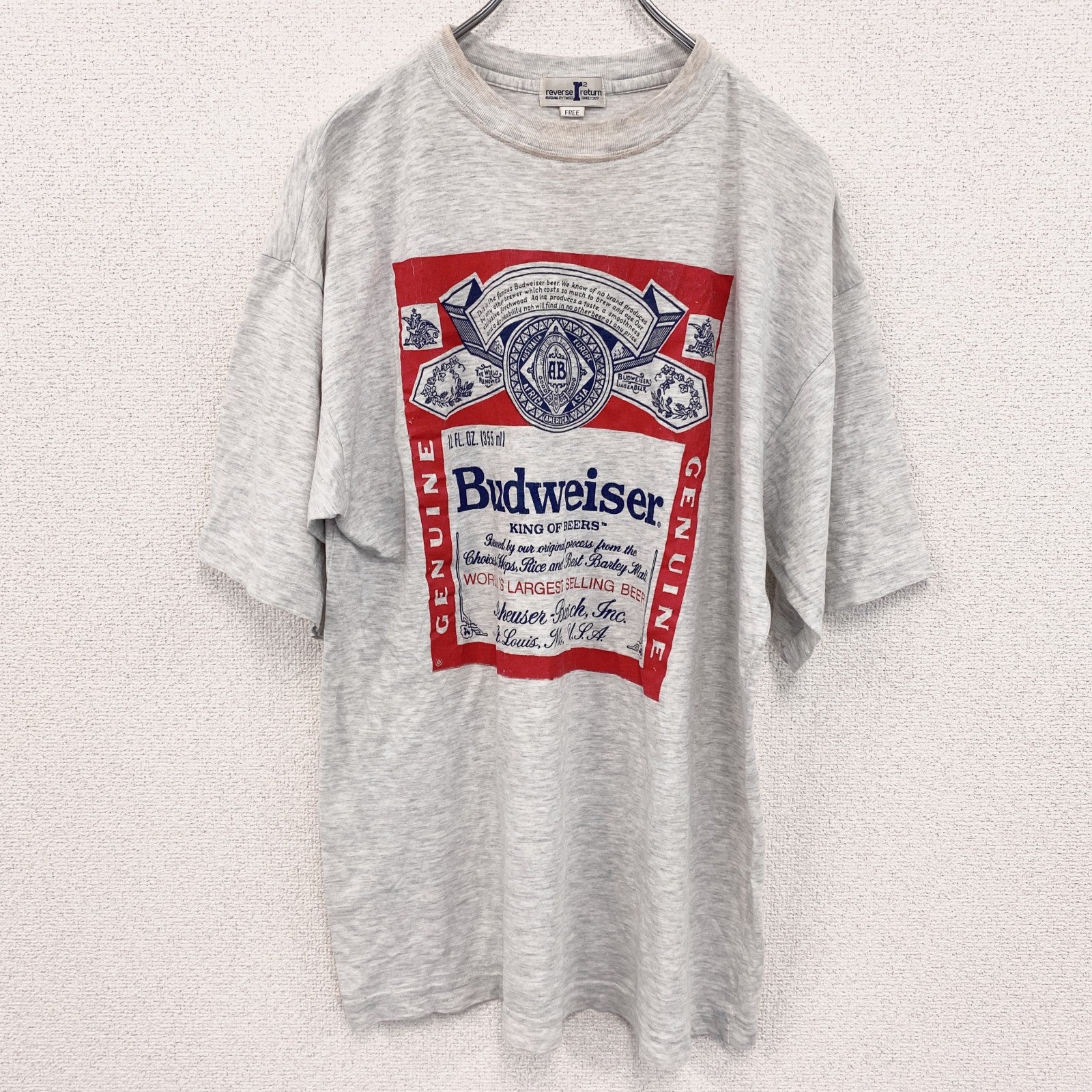 90s　reverse r return　半袖プリントTシャツ　Budweiser.　ヴィンテージ　灰色　グレー　Fサイズ